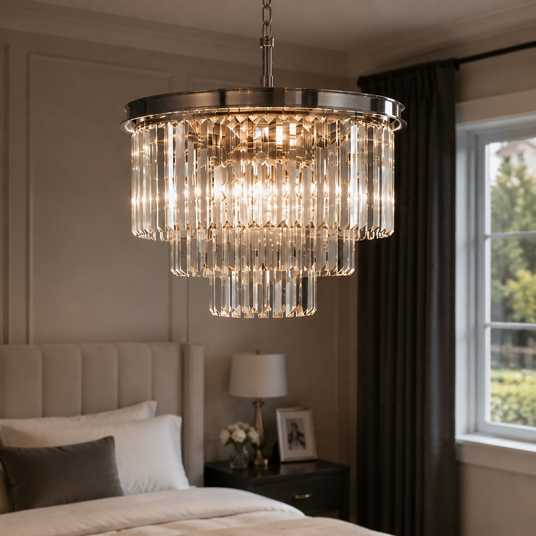 6-Lights Mid-Century Modern Satin Nickel Fringe Crystal Chandelier