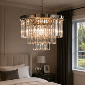 6-Lights Mid-Century Modern Satin Nickel Fringe Crystal Chandelier