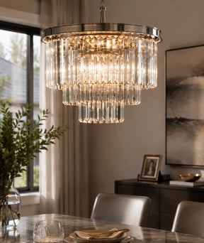6-Lights Mid-Century Modern Satin Nickel Fringe Crystal Chandelier