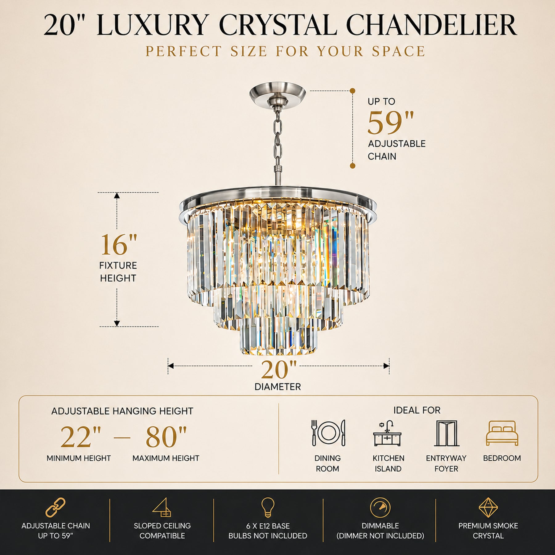 OpenBox 6-Lights Modern Satin Nickel 3-Tier Round Crystal Fringe Chandelier