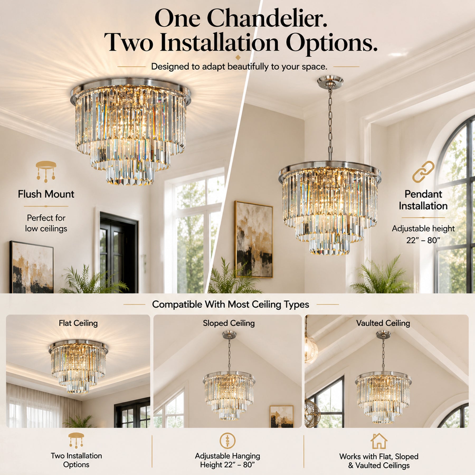6-Lights Mid-Century Modern Satin Nickel Fringe Crystal Chandelier