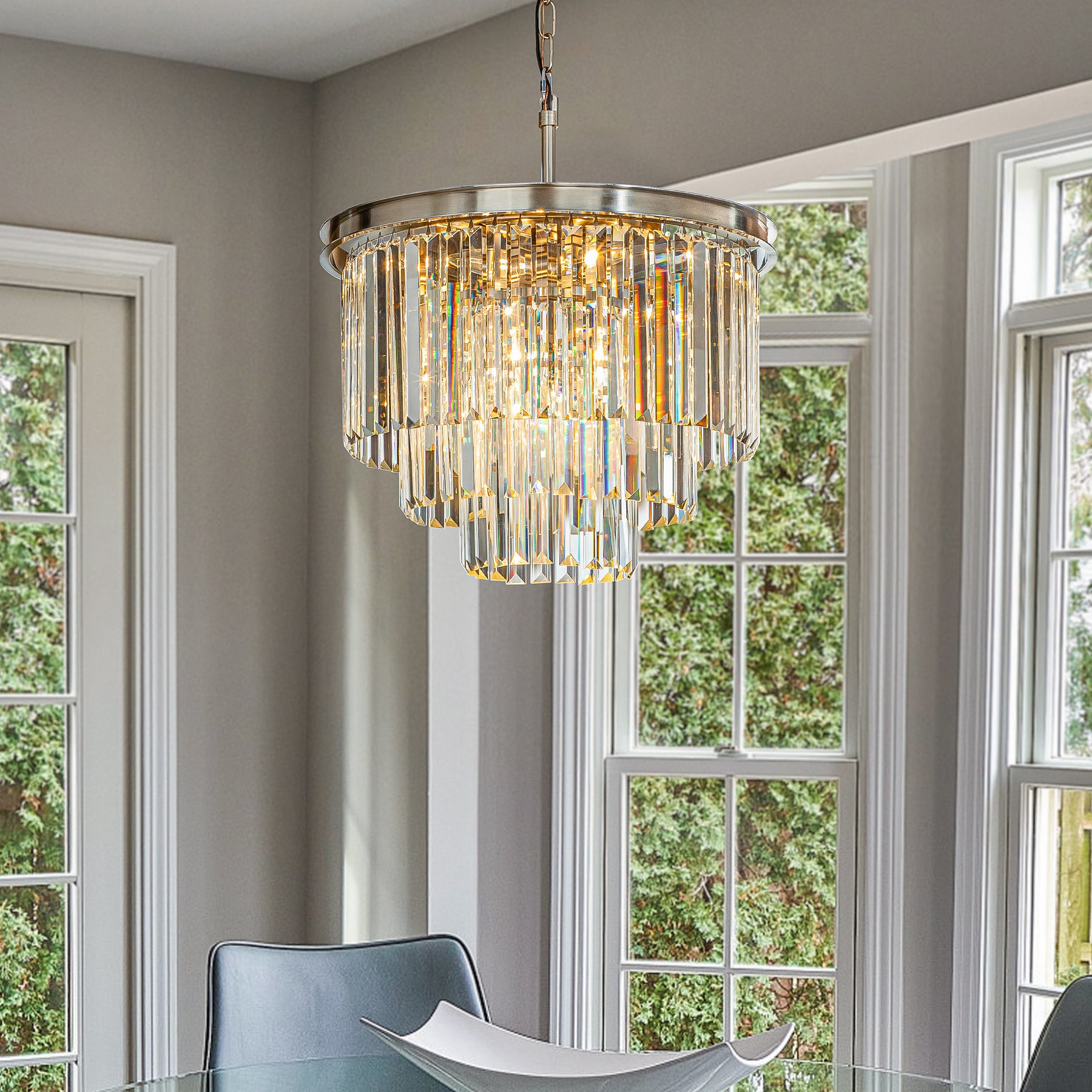OpenBox 6-Lights Modern Satin Nickel 3-Tier Round Crystal Fringe Chandelier
