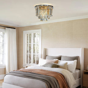 6-Lights Mid-Century Modern Satin Nickel 3-Tier Round Fringe Crystal Flush Mount