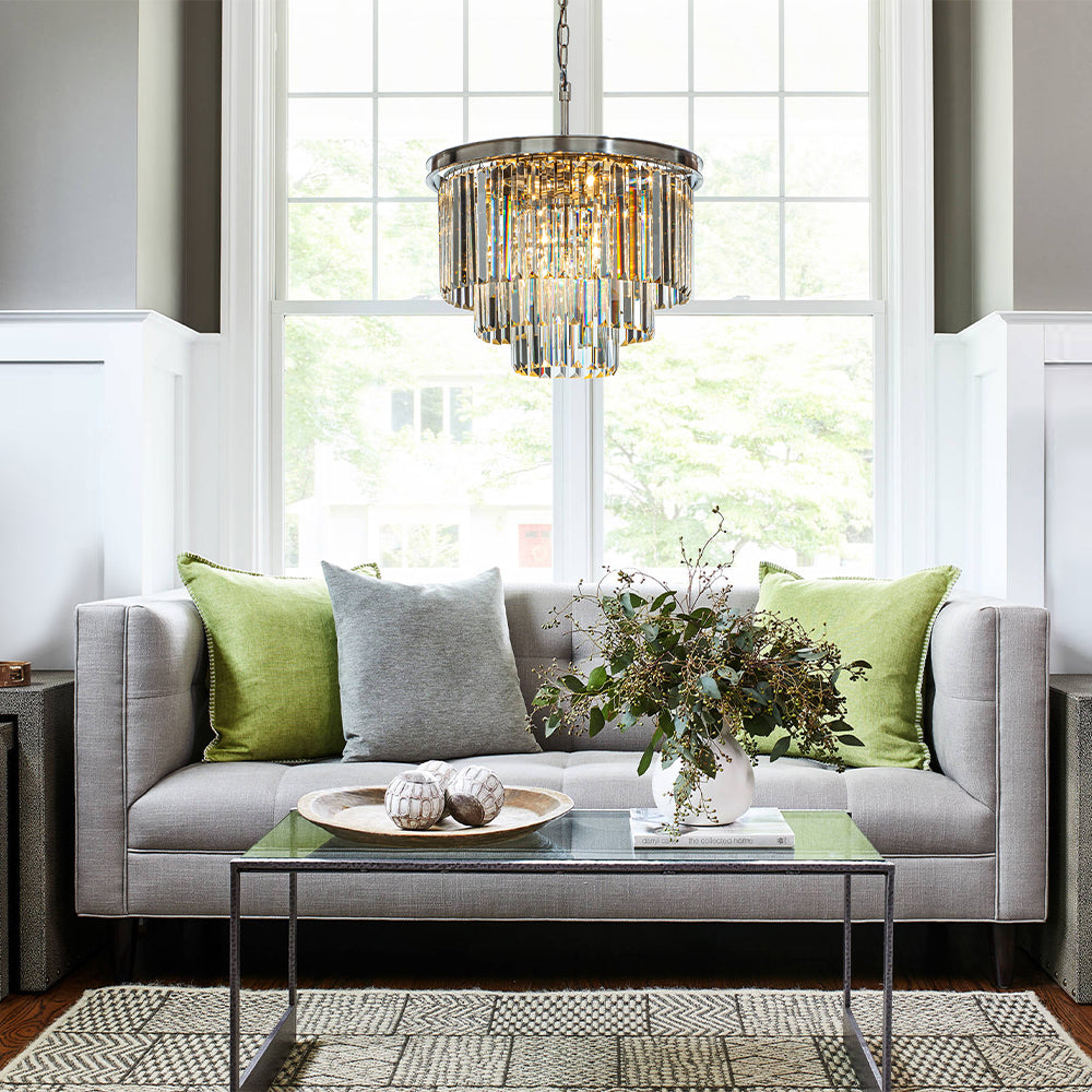 OpenBox 6-Lights Modern Satin Nickel 3-Tier Round Crystal Fringe Chandelier