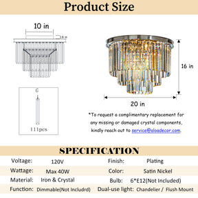6-Lights Mid-Century Modern Satin Nickel 3-Tier Round Fringe Crystal Flush Mount