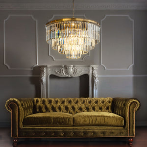 8-Lights Mid-Century Modern Antique Gold 4-Tier Round Fringe Crystal Chandelier