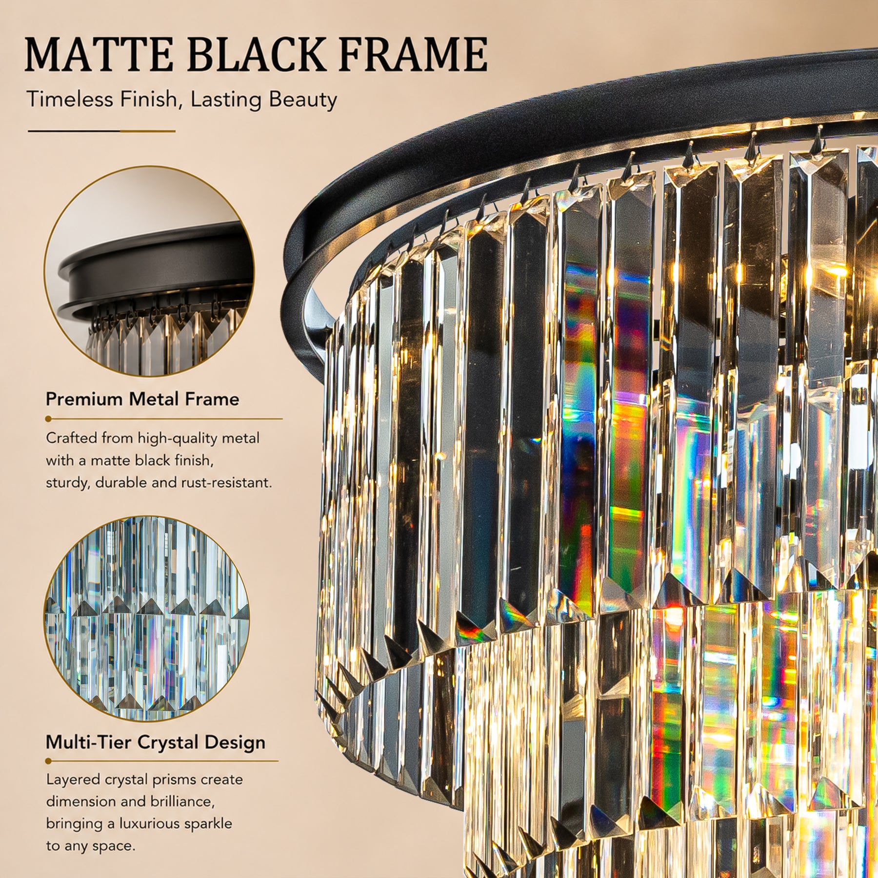 Mid-Century Modern Round Tiered Fringe Crystal Chandelier