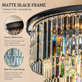 Mid-Century Modern Round Tiered Fringe Crystal Chandelier