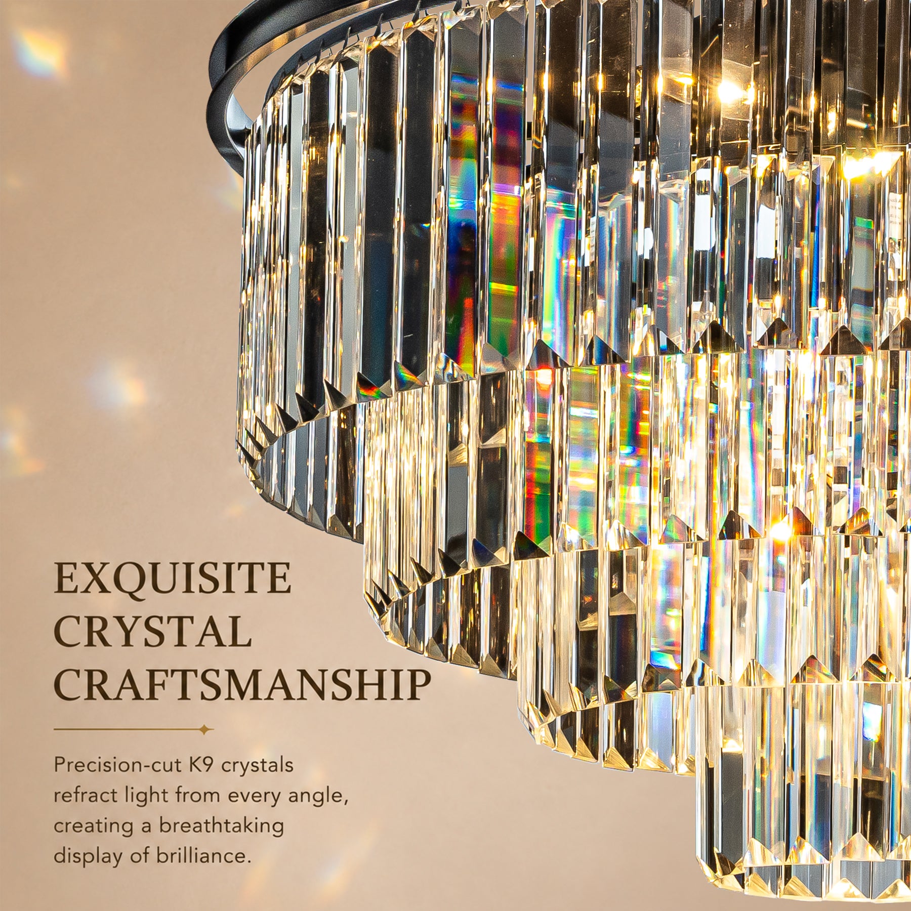 Mid-Century Modern Round Tiered Fringe Crystal Chandelier