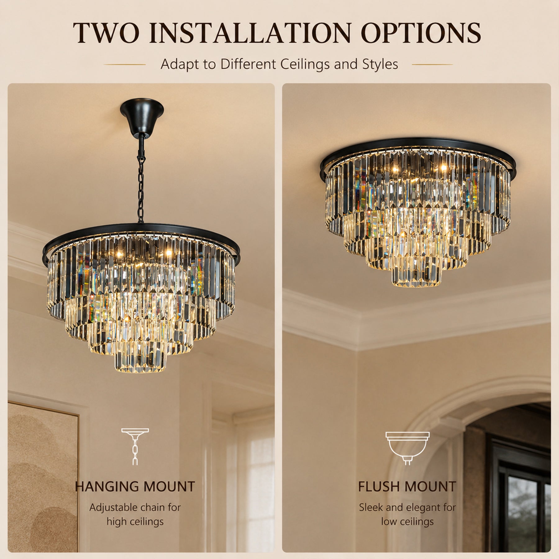 Mid-Century Modern Round Tiered Fringe Crystal Chandelier