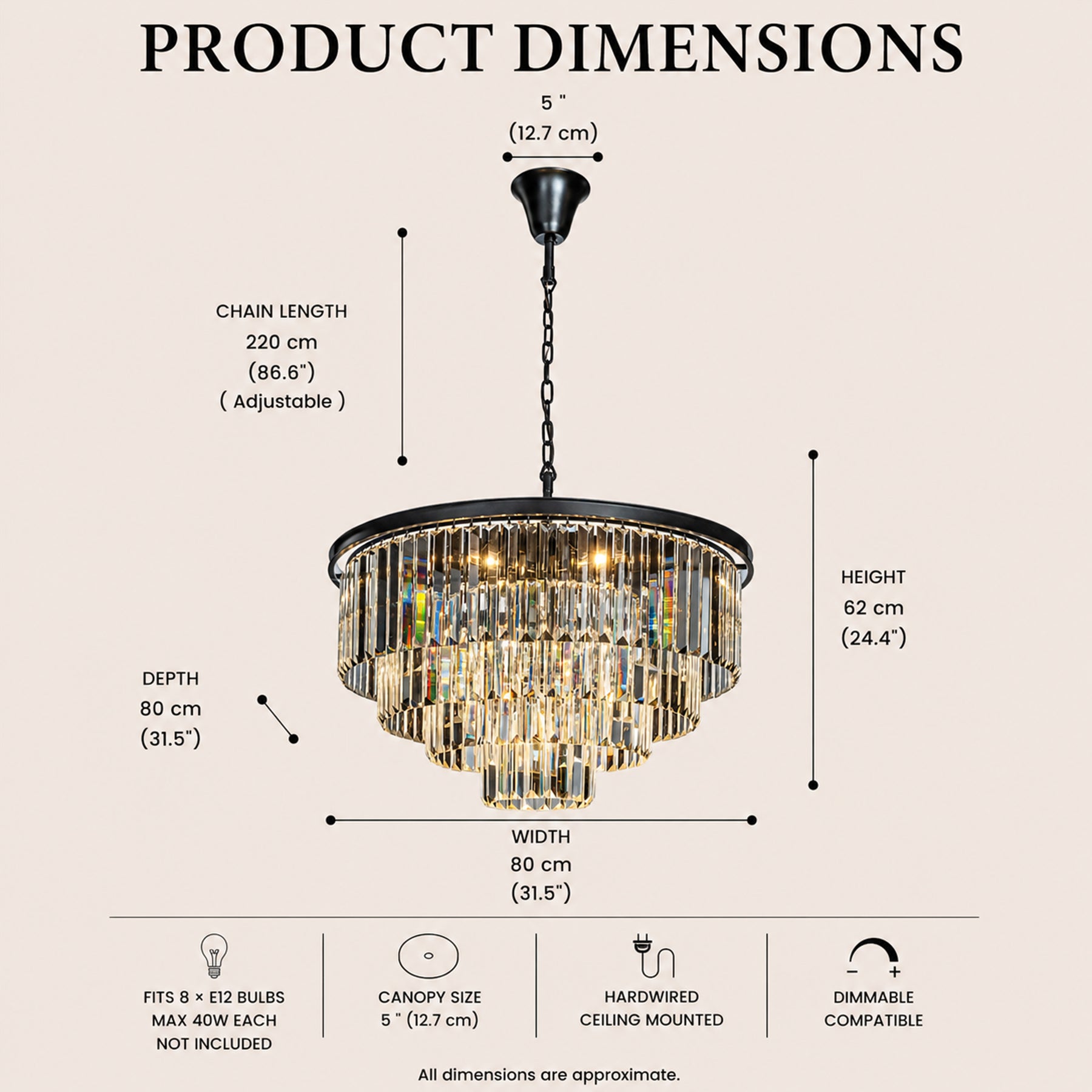 Mid-Century Modern Round Tiered Fringe Crystal Chandelier