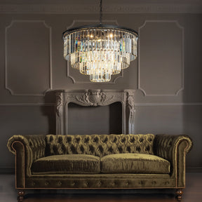 Mid-Century Modern Round Tiered Fringe Crystal Chandelier
