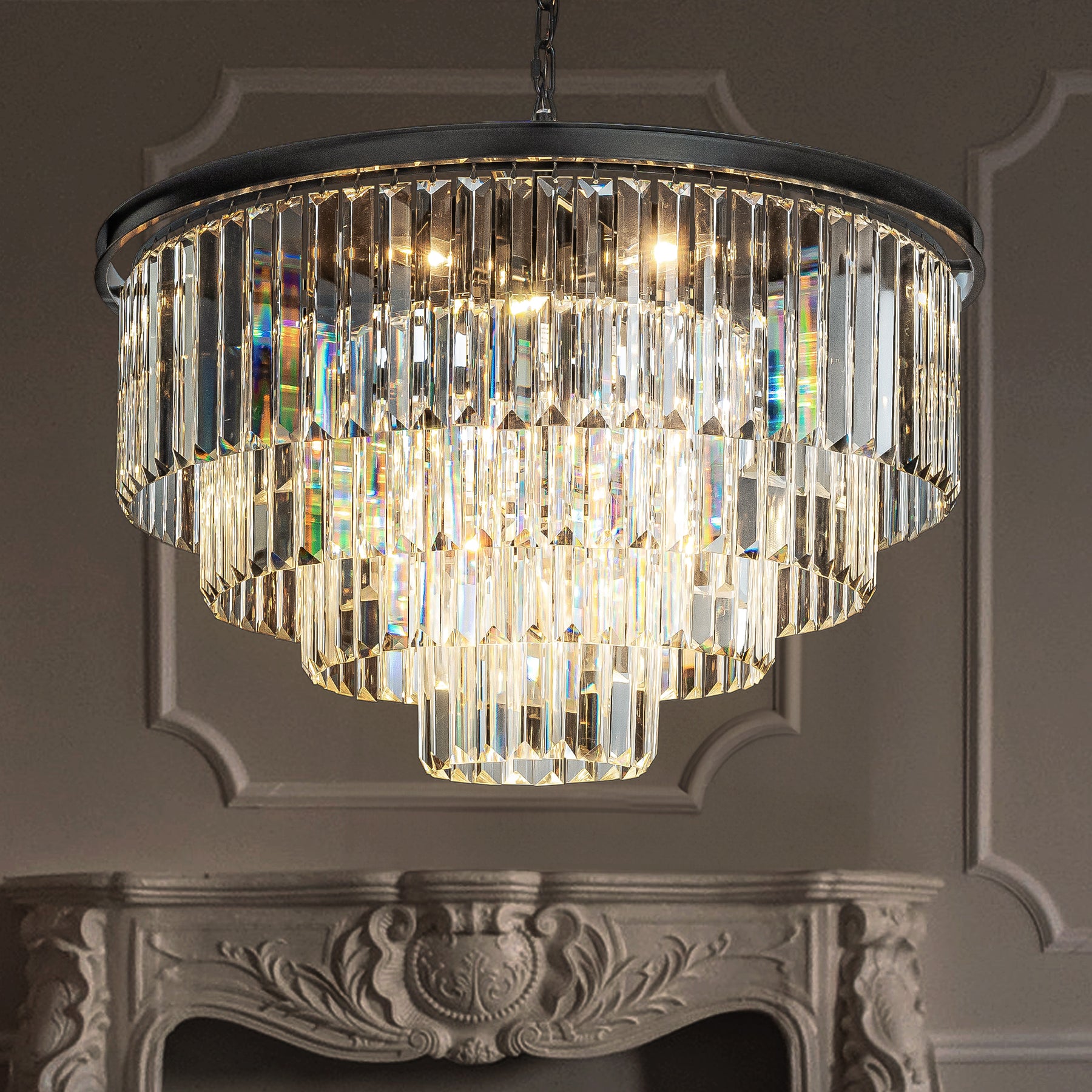 OpenBox 8-Lights Modern Black 4-Tier Round Crystal Fringe Chandelier