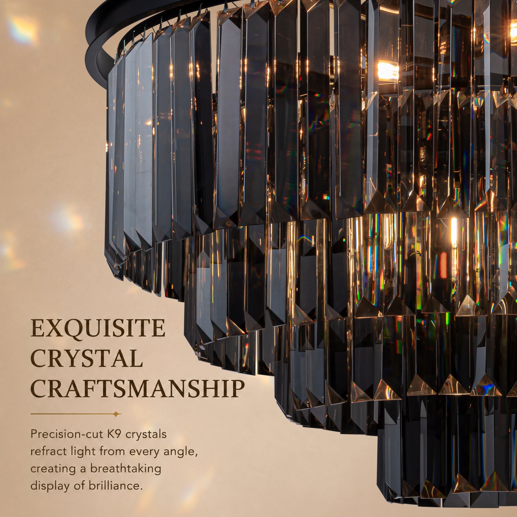 10-Lights 32'' Modern Matte Black 4-Tier Round Fringe Chandelier with Smoke Crystal Accent For Dining Room of Foyer