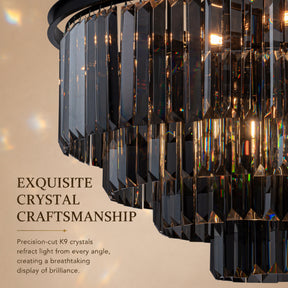 10-Lights 32'' Modern Matte Black 4-Tier Round Fringe Chandelier with Smoke Crystal Accent For Dining Room of Foyer