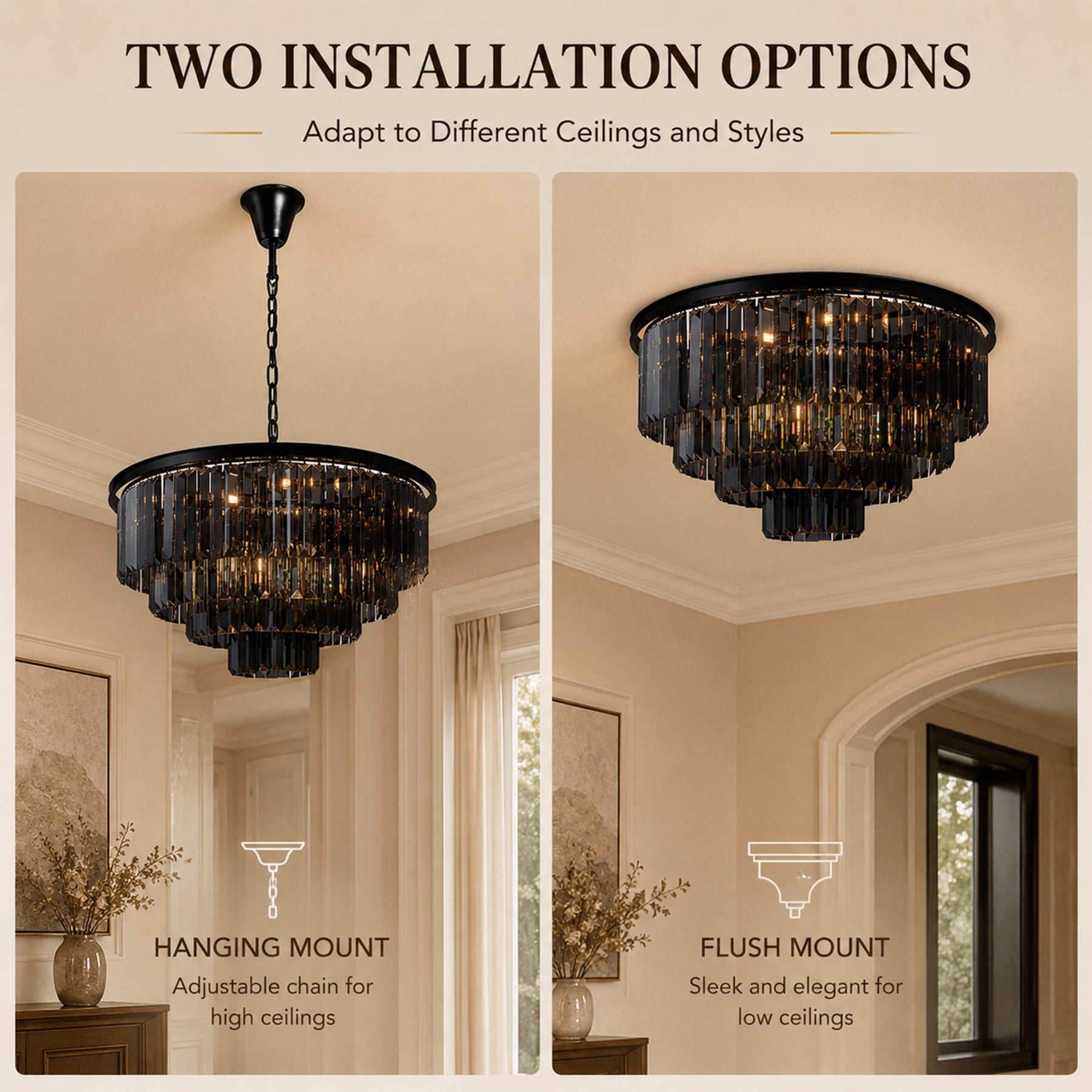 10-Lights 32'' Modern Matte Black 4-Tier Round Fringe Chandelier with Smoke Crystal Accent For Dining Room of Foyer