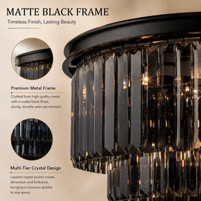 10-Lights 32'' Modern Matte Black 4-Tier Round Fringe Chandelier with Smoke Crystal Accent For Dining Room of Foyer