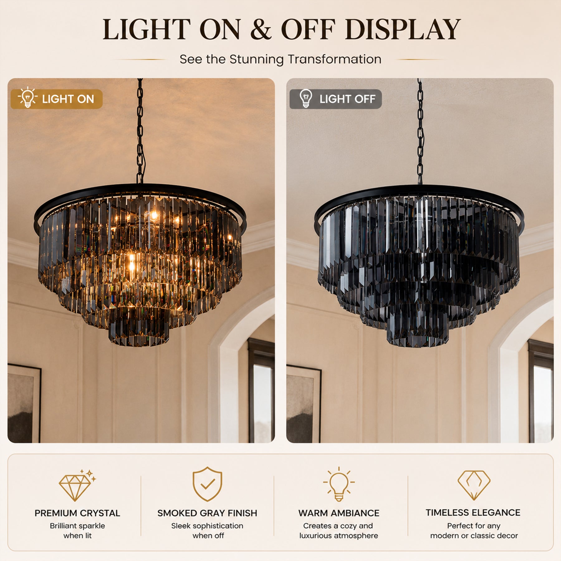10-Lights 32'' Modern Matte Black 4-Tier Round Fringe Chandelier with Smoke Crystal Accent For Dining Room of Foyer