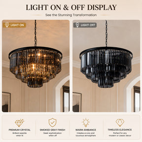 10-Lights 32'' Modern Matte Black 4-Tier Round Fringe Chandelier with Smoke Crystal Accent For Dining Room of Foyer