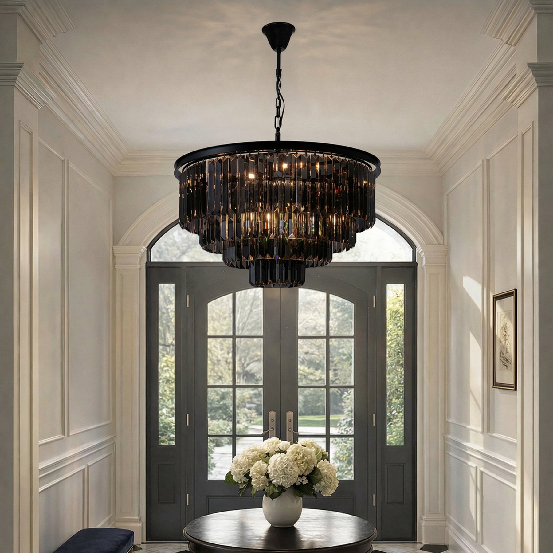 10-Lights 32'' Modern Matte Black 4-Tier Round Fringe Chandelier with Smoke Crystal Accent For Dining Room of Foyer