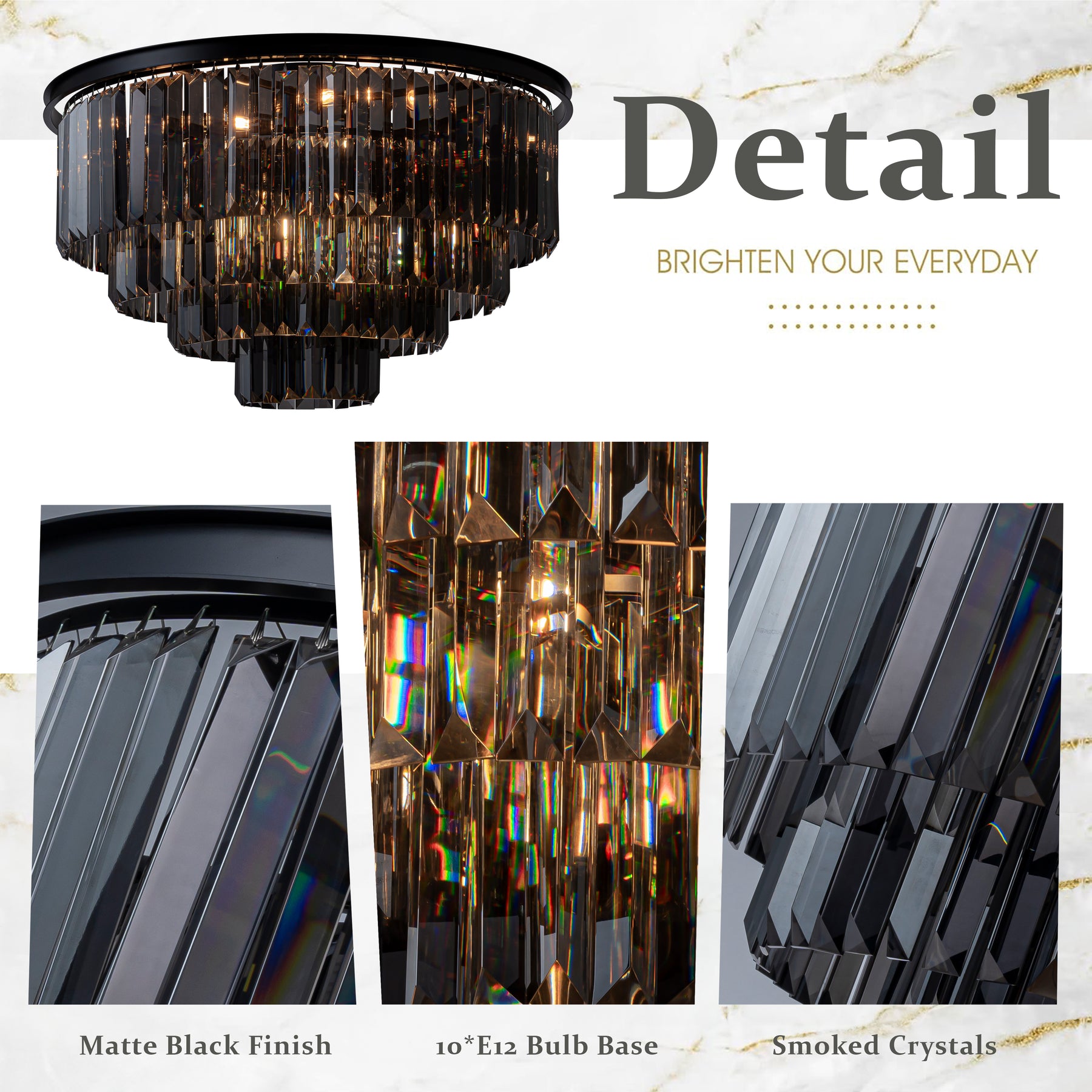 10-Lights 32'' Modern Matte Black 4-Tier Round Fringe Flush Mount Glam Ceiling Light with Smoke Crystal Accent For Dining Room of Foyer