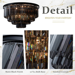 10-Lights 32'' Modern Matte Black 4-Tier Round Fringe Flush Mount Glam Ceiling Light with Smoke Crystal Accent For Dining Room of Foyer