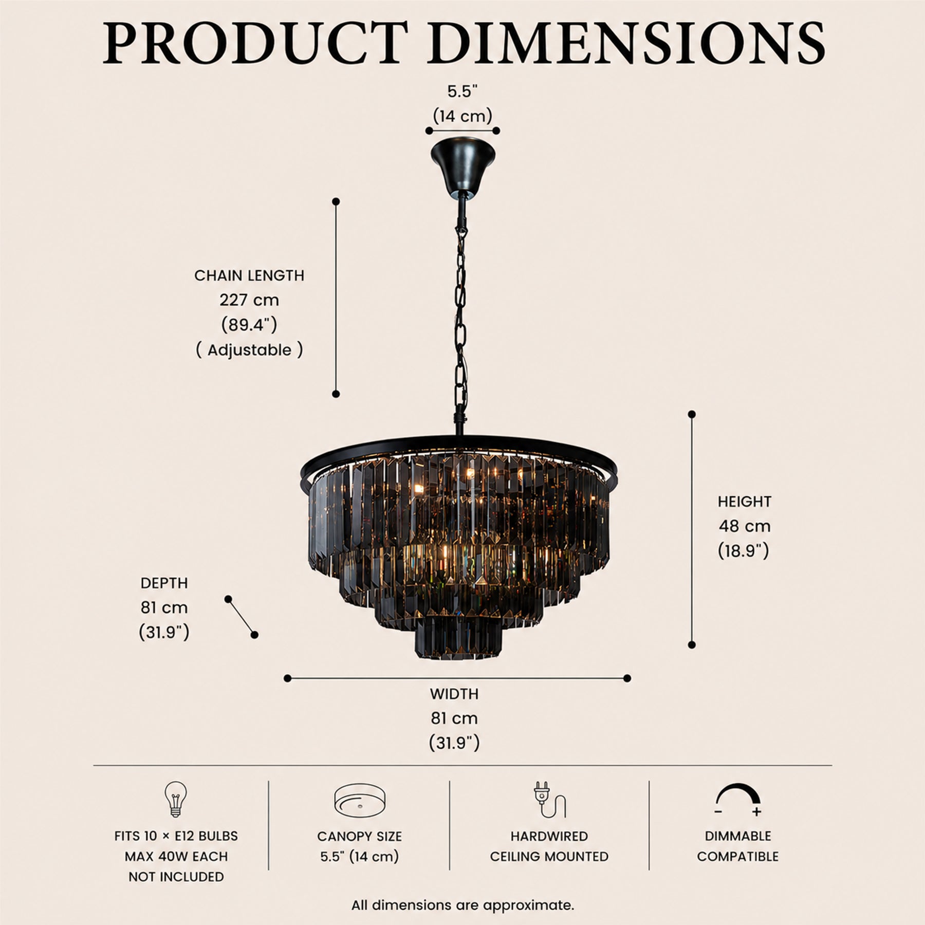 10-Lights 32'' Modern Matte Black 4-Tier Round Fringe Chandelier with Smoke Crystal Accent For Dining Room of Foyer