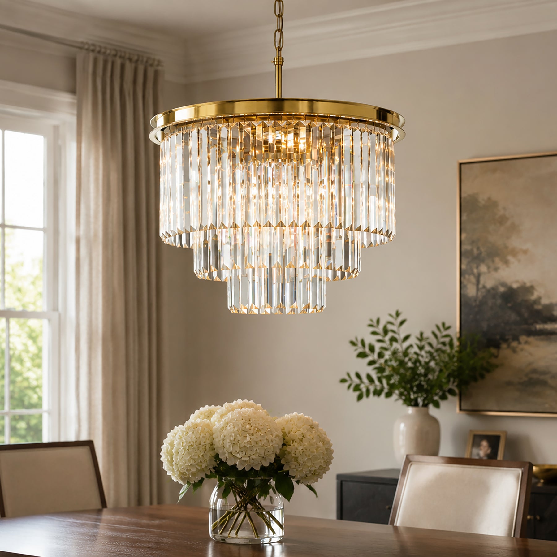Mid-Century Modern Gold Fringe Crystal Chandelier