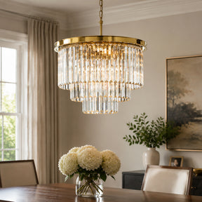 Mid-Century Modern Gold Fringe Crystal Chandelier