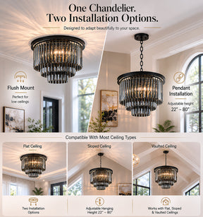 Matte Black 3-Tier Round Fringe Chandelier with Smoke Crystal