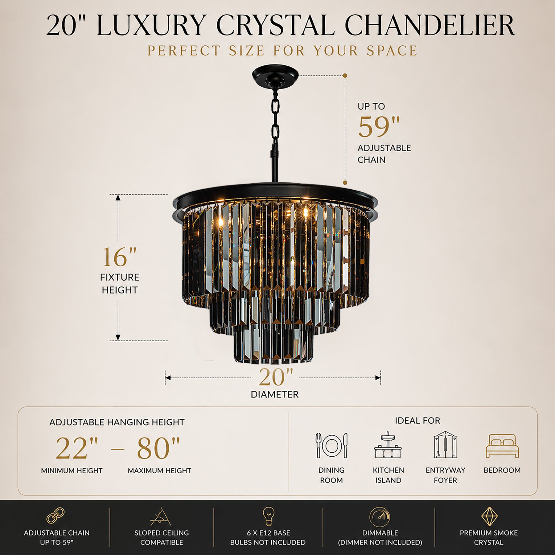 Matte Black 3-Tier Round Fringe Chandelier with Smoke Crystal