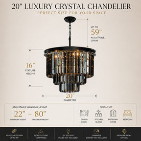 Matte Black 3-Tier Round Fringe Chandelier with Smoke Crystal
