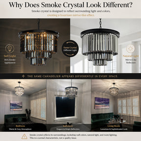 Matte Black 3-Tier Round Fringe Chandelier with Smoke Crystal