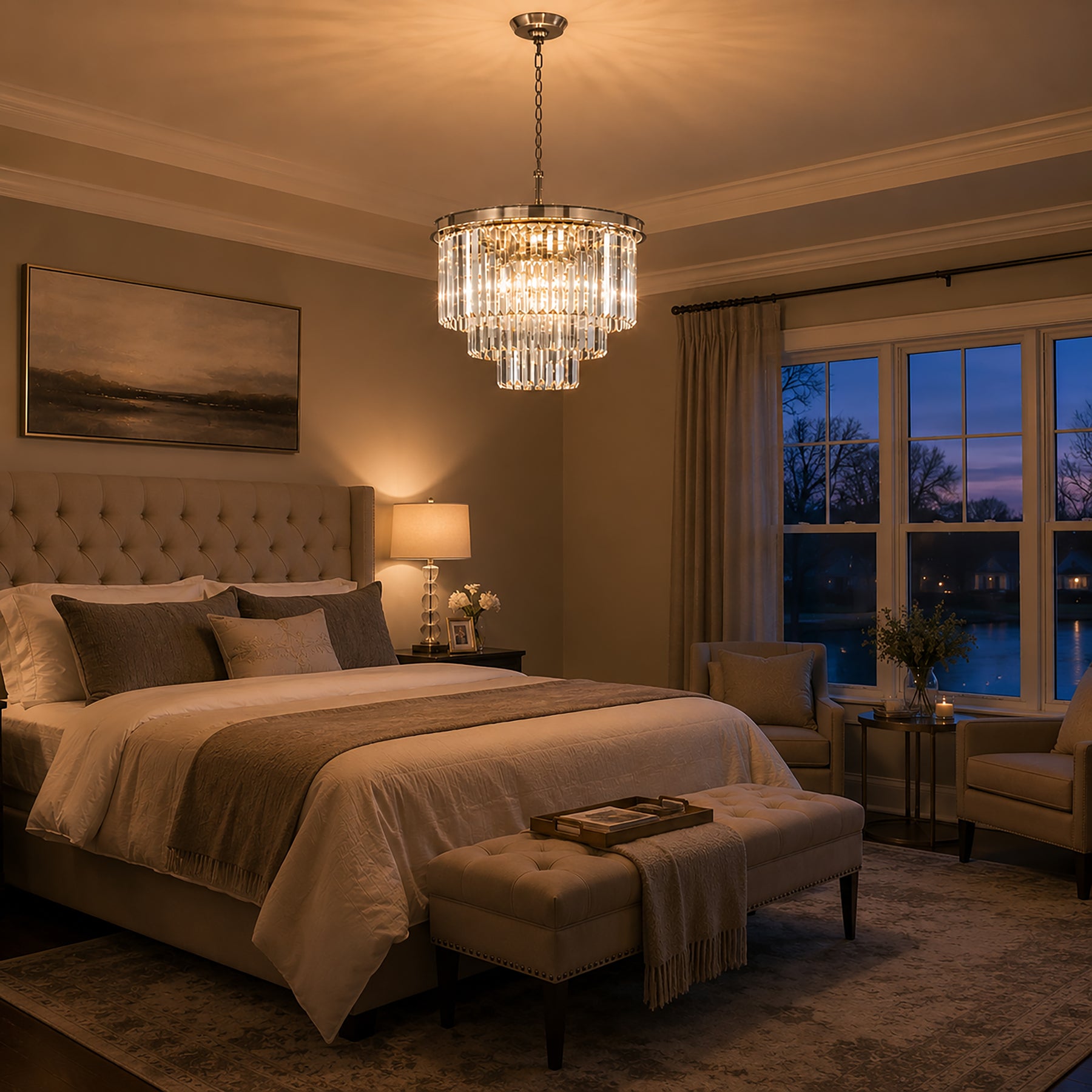 6-Lights Mid-Century Modern Satin Nickel Fringe Crystal Chandelier