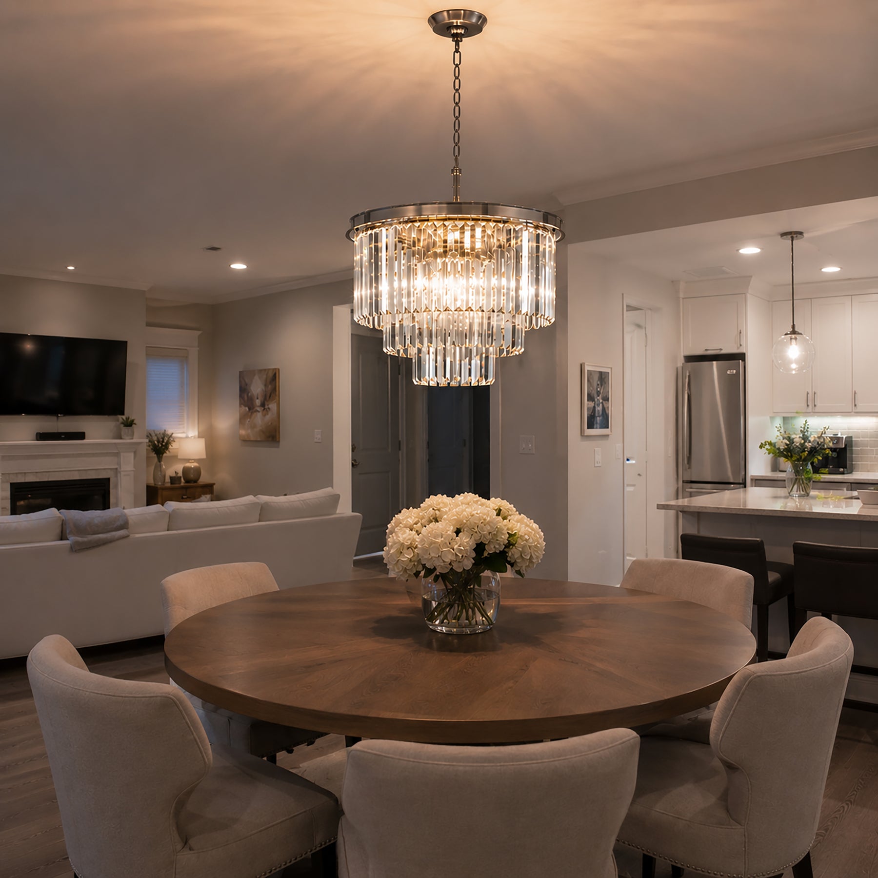6-Lights Mid-Century Modern Satin Nickel Fringe Crystal Chandelier