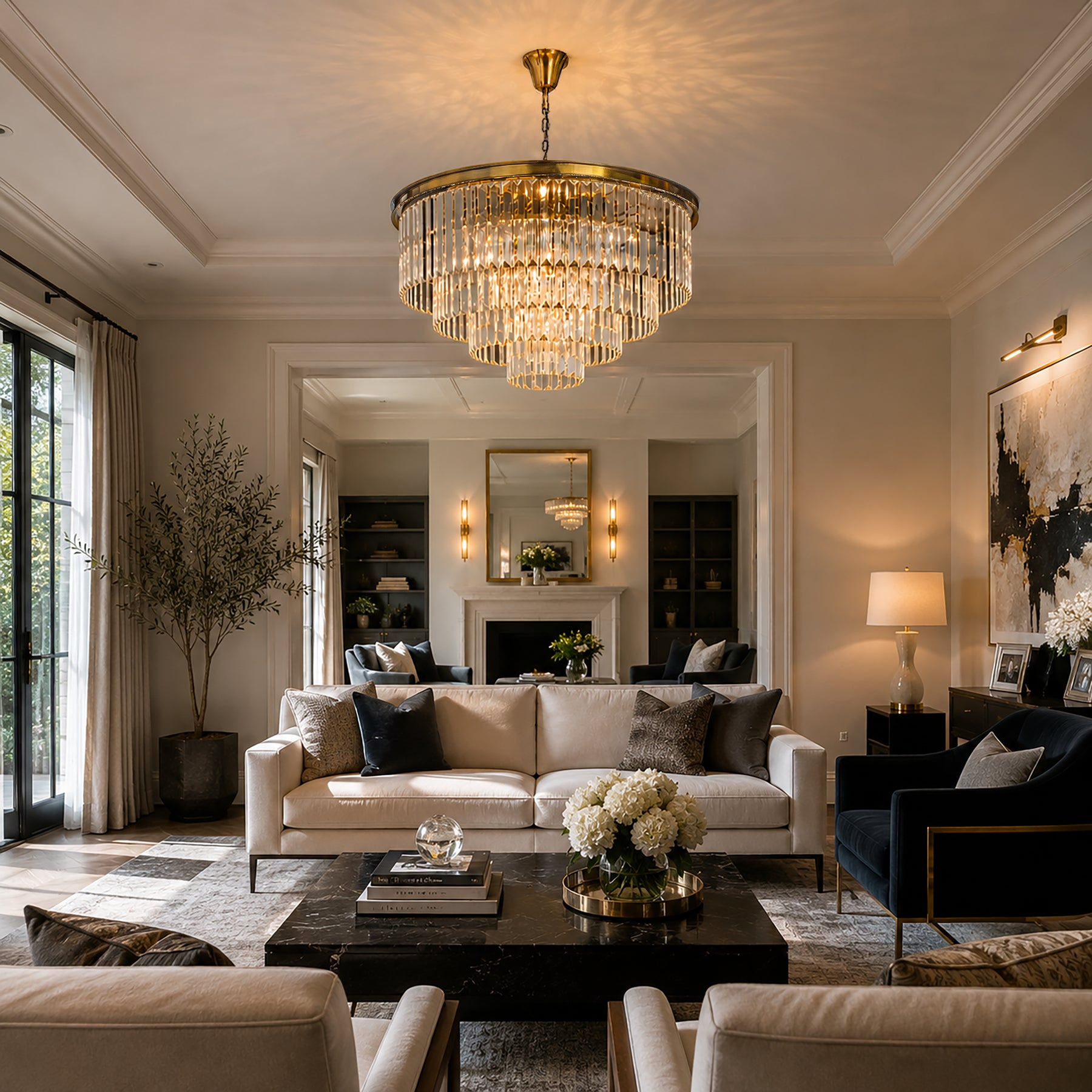 Mid-Century Modern Antique Gold Fringe Crystal Chandelier