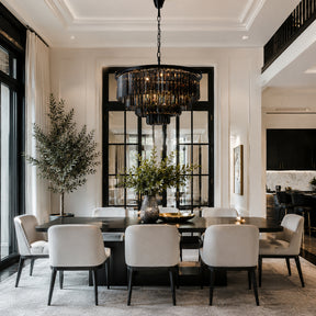 10-Lights 32'' Modern Matte Black 4-Tier Round Fringe Chandelier with Smoke Crystal Accent For Dining Room of Foyer
