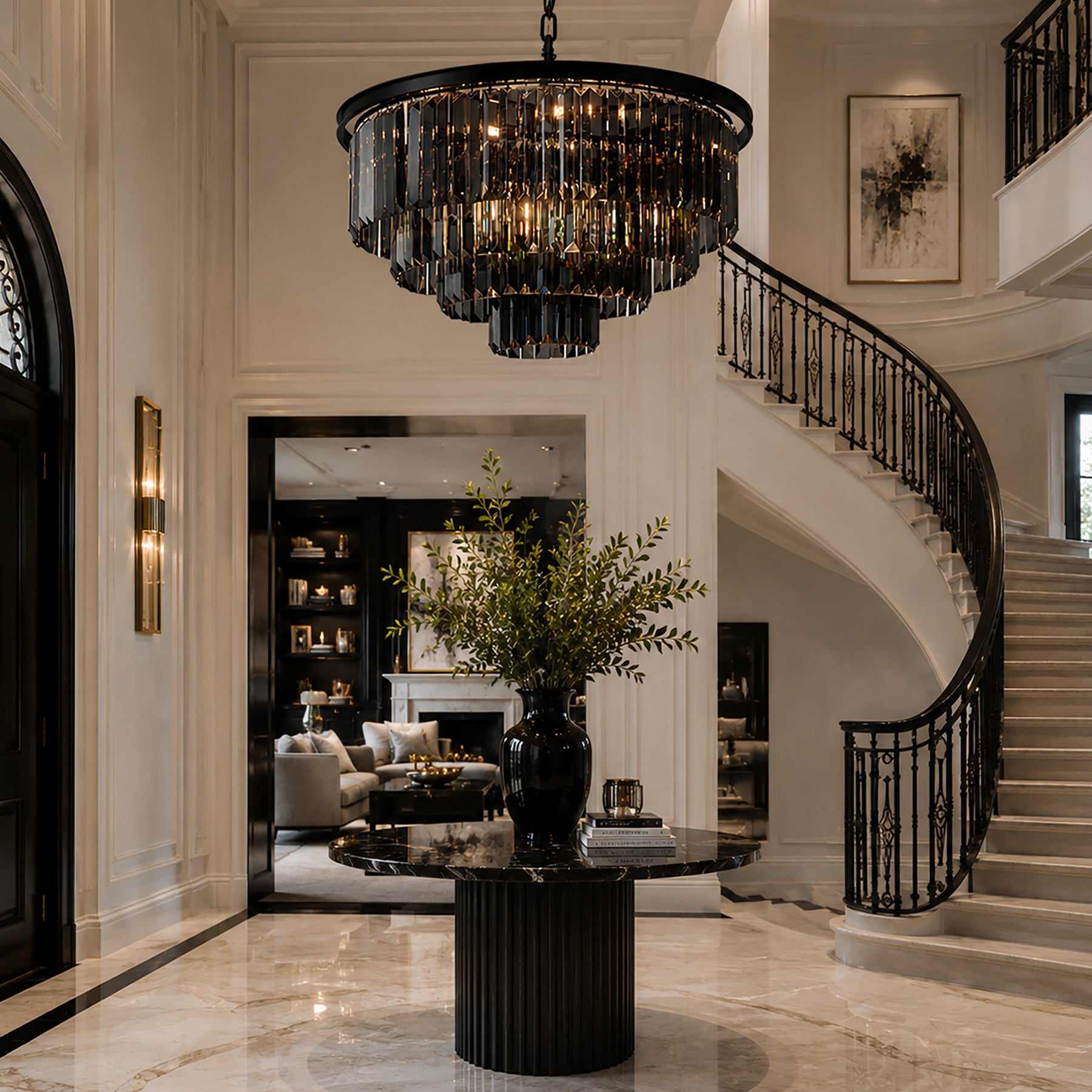 10-Lights 32'' Modern Matte Black 4-Tier Round Fringe Chandelier with Smoke Crystal Accent For Dining Room of Foyer