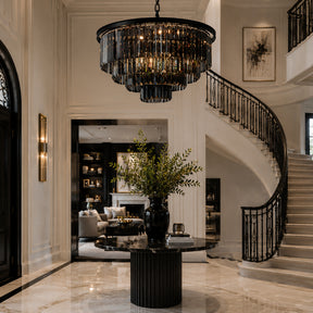 10-Lights 32'' Modern Matte Black 4-Tier Round Fringe Chandelier with Smoke Crystal Accent For Dining Room of Foyer