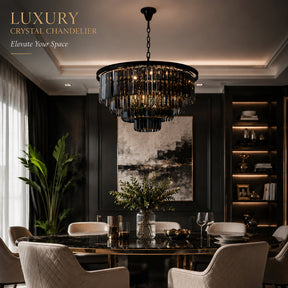 10-Lights 32'' Modern Matte Black 4-Tier Round Fringe Chandelier with Smoke Crystal Accent For Dining Room of Foyer