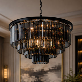 10-Lights 32'' Modern Matte Black 4-Tier Round Fringe Chandelier with Smoke Crystal Accent For Dining Room of Foyer