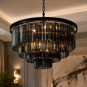 10-Lights 32'' Modern Matte Black 4-Tier Round Fringe Chandelier with Smoke Crystal Accent For Dining Room of Foyer