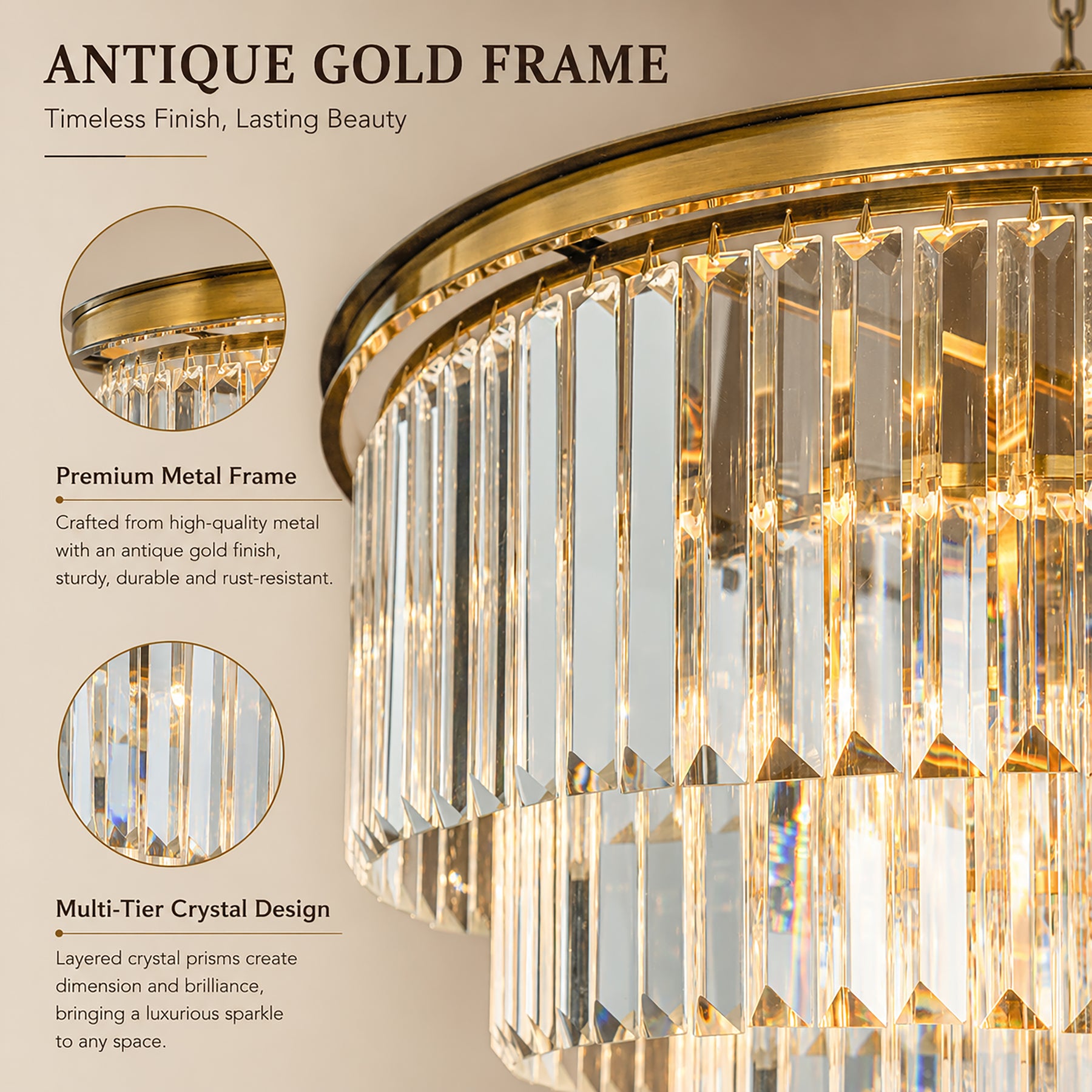 Mid-Century Modern Antique Gold Fringe Crystal Chandelier
