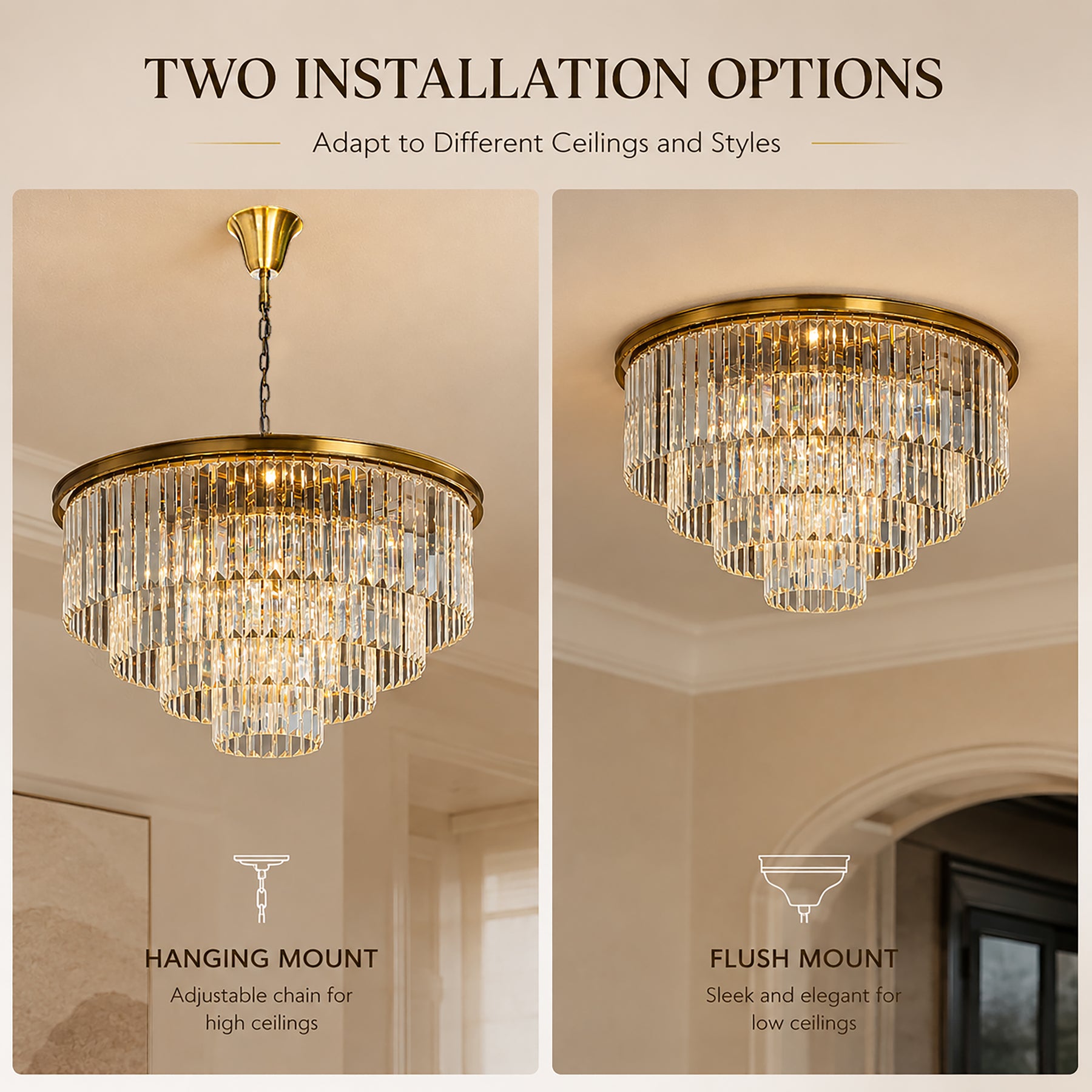 Mid-Century Modern Antique Gold Fringe Crystal Chandelier