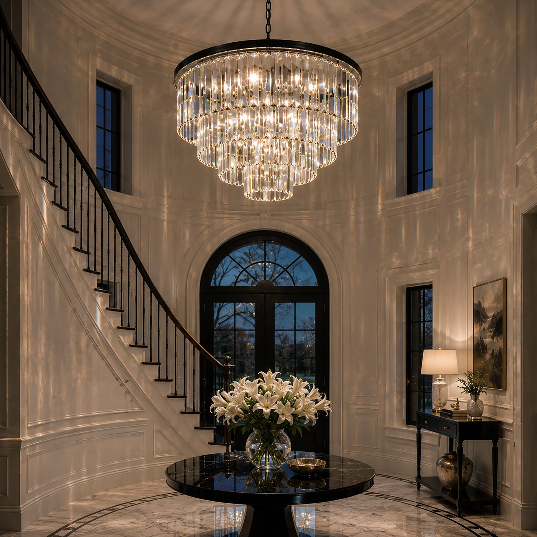 Mid-Century Modern Round Tiered Fringe Crystal Chandelier
