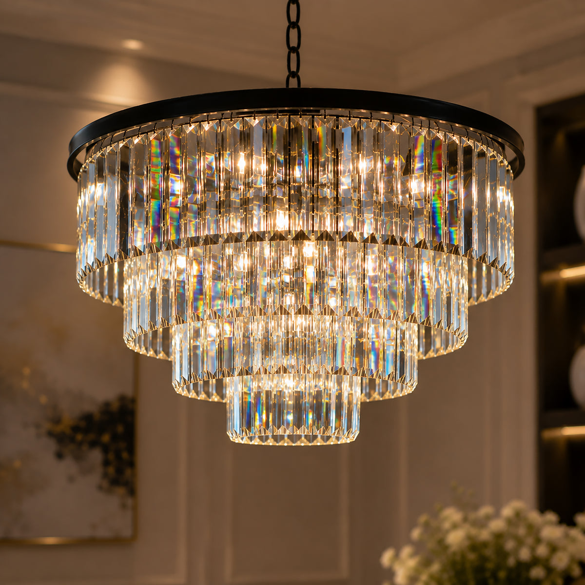 Mid-Century Modern Round Tiered Fringe Crystal Chandelier