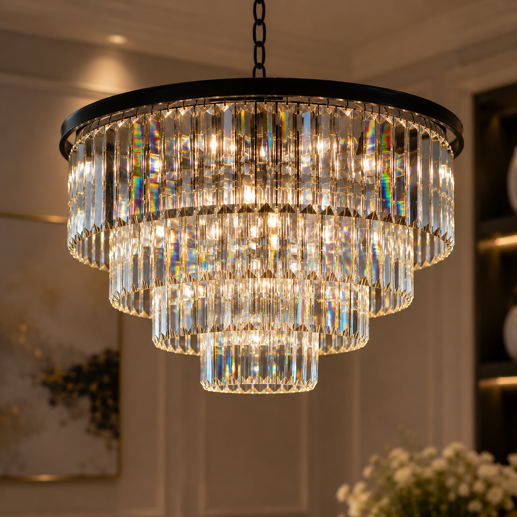 Mid-Century Modern Round Tiered Fringe Crystal Chandelier