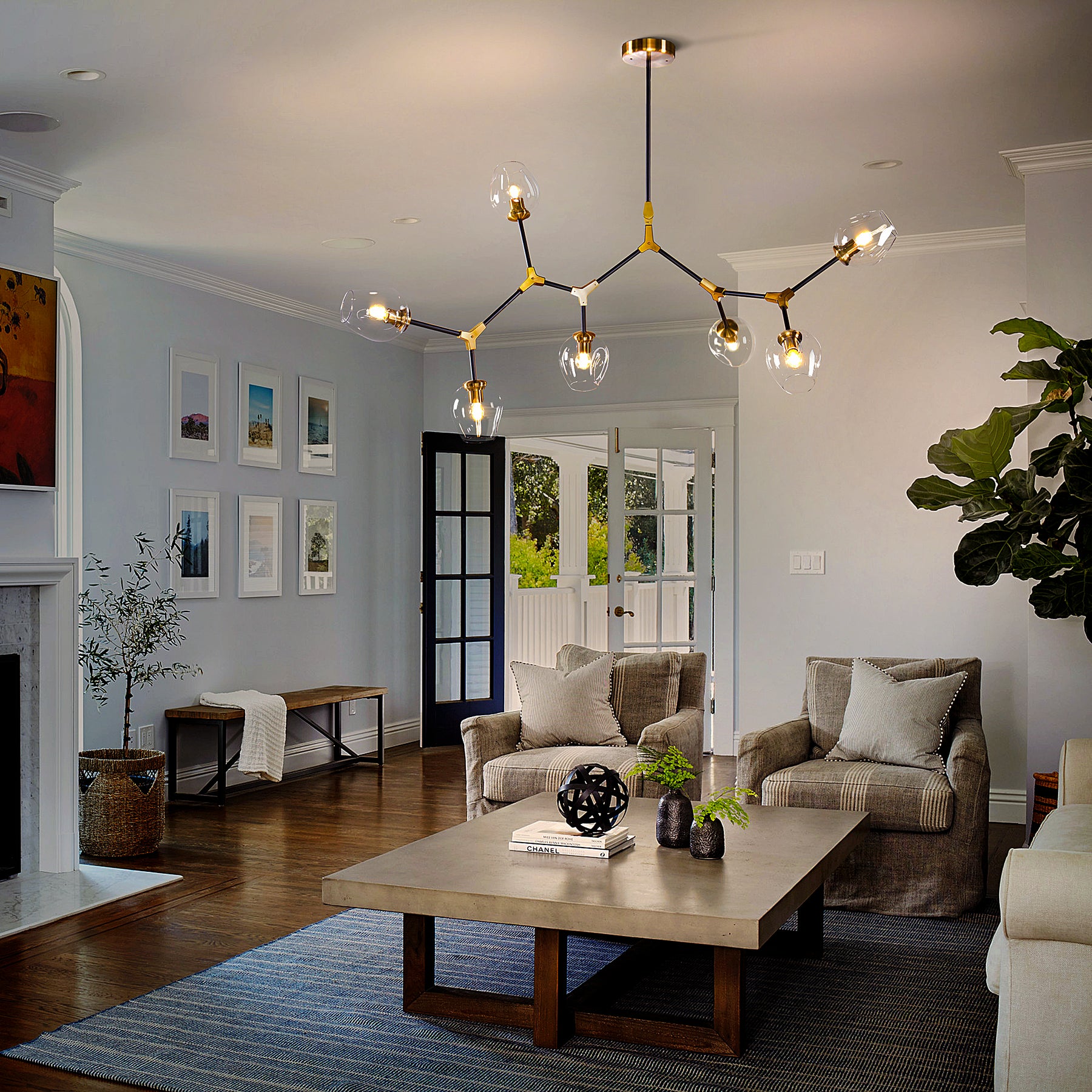 OpenBox 7-Lights Black and Brass Modern Linear Sputnik Chandelier With Clear Glass Shade