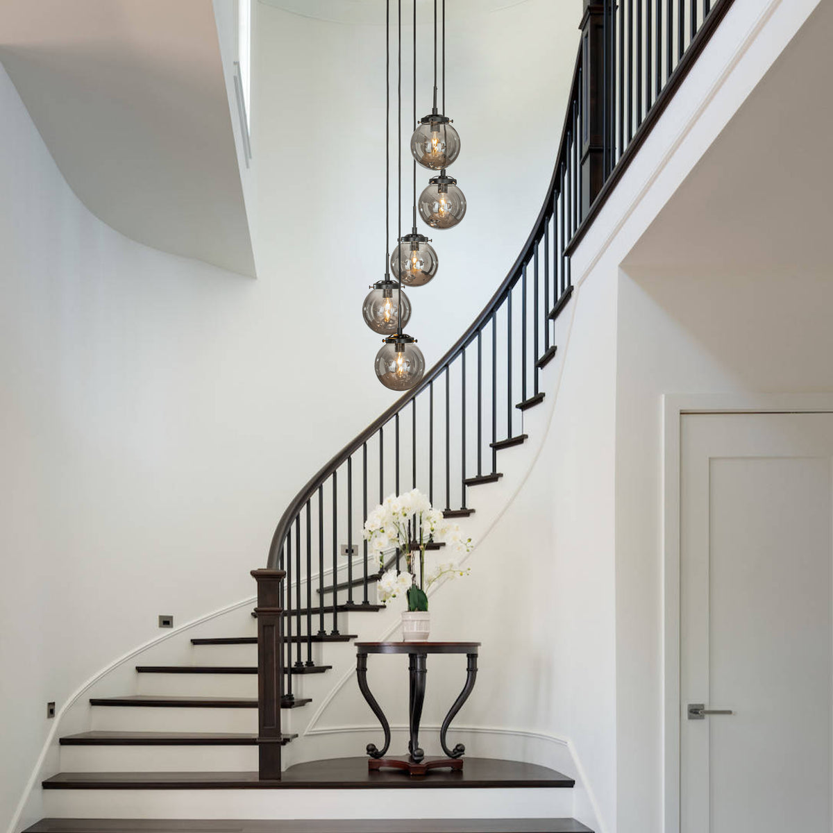 Modern Matte Black Staircase Chandelier with Smoke Globe Bubble Glass