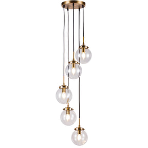 OpenBox 5-Light Modern Antique Gold Staircase Chandelier Clear Globe Bubble Glass Foyer Pendant